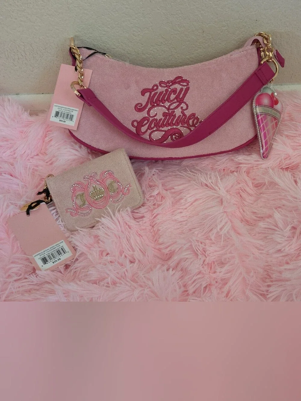 Juicy Couture Pink Suede Shoulder Bag with Hot Pink Strap and Gold Accents